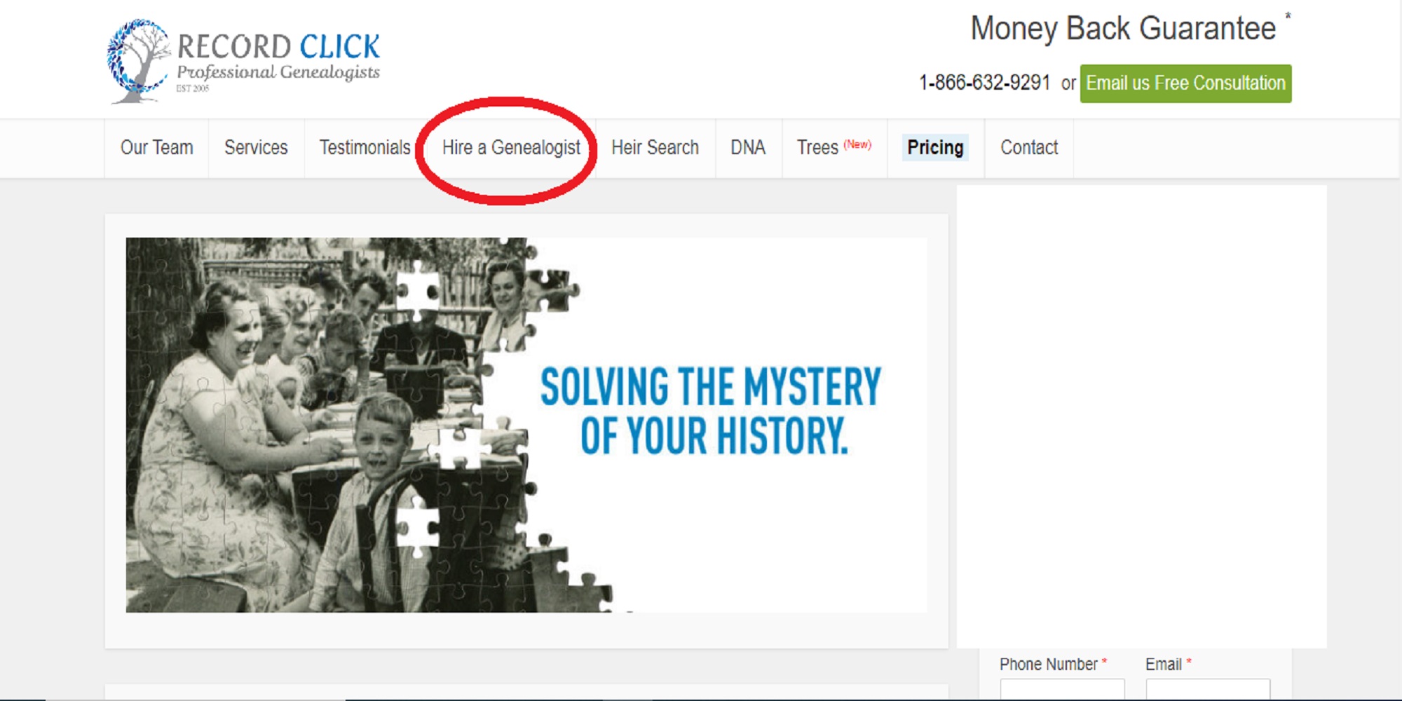 A snippet of RecordClick website showing where to click to find a professional genealogist